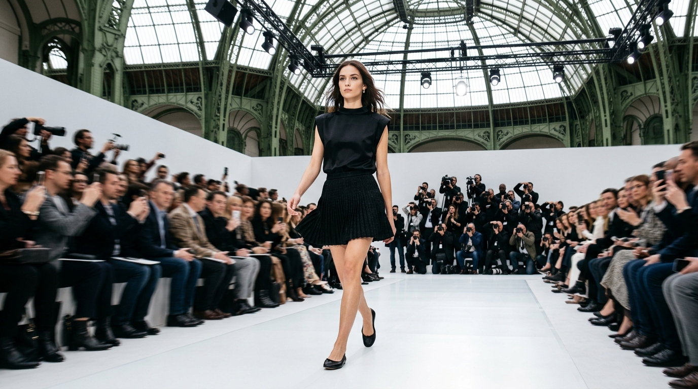 Pleated black miniskirt with structured silk charmeuse shell top and ballet flats