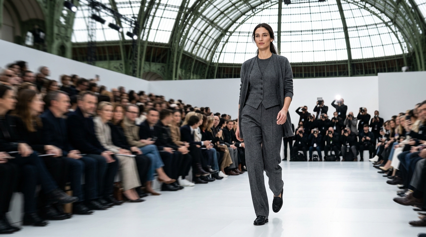 Three-piece tailored suit in lightweight wool with structured vest and matching cardigan