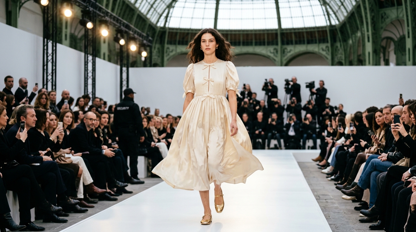 Baby-doll dress in silk charmeuse with metallic gold ballet flats