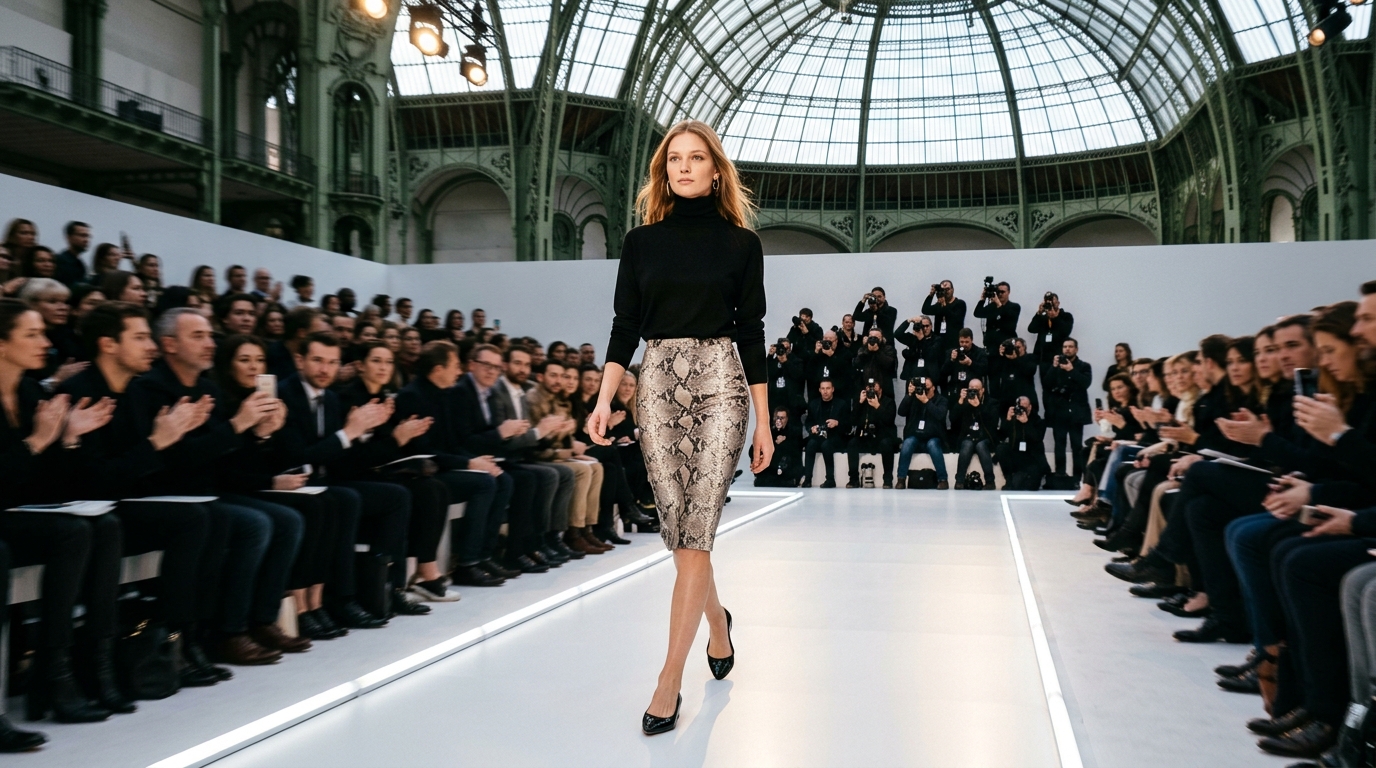 Snakeskin-printed pencil skirt with black silk turtleneck and pointed-toe flats