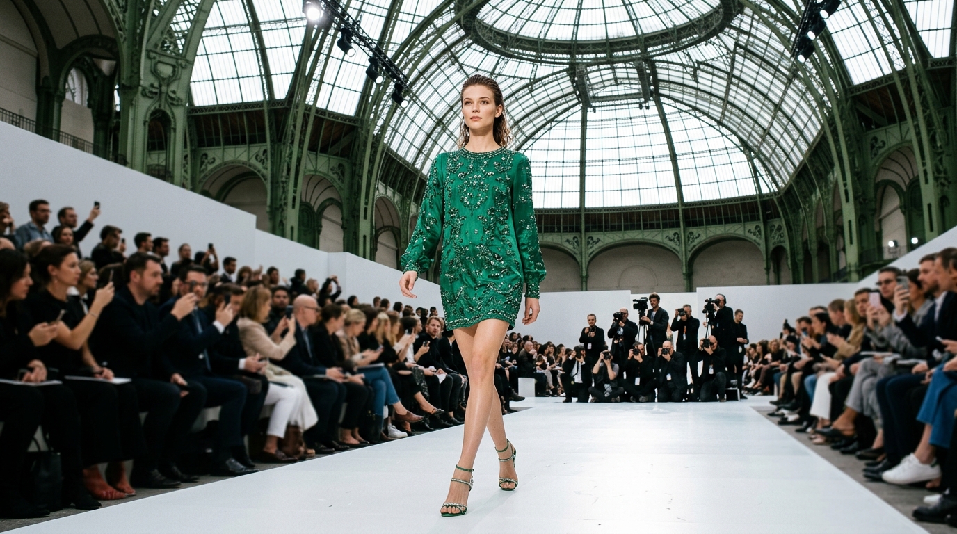 Bead-adorned minidress in emerald silk charmeuse with delicate sandals
