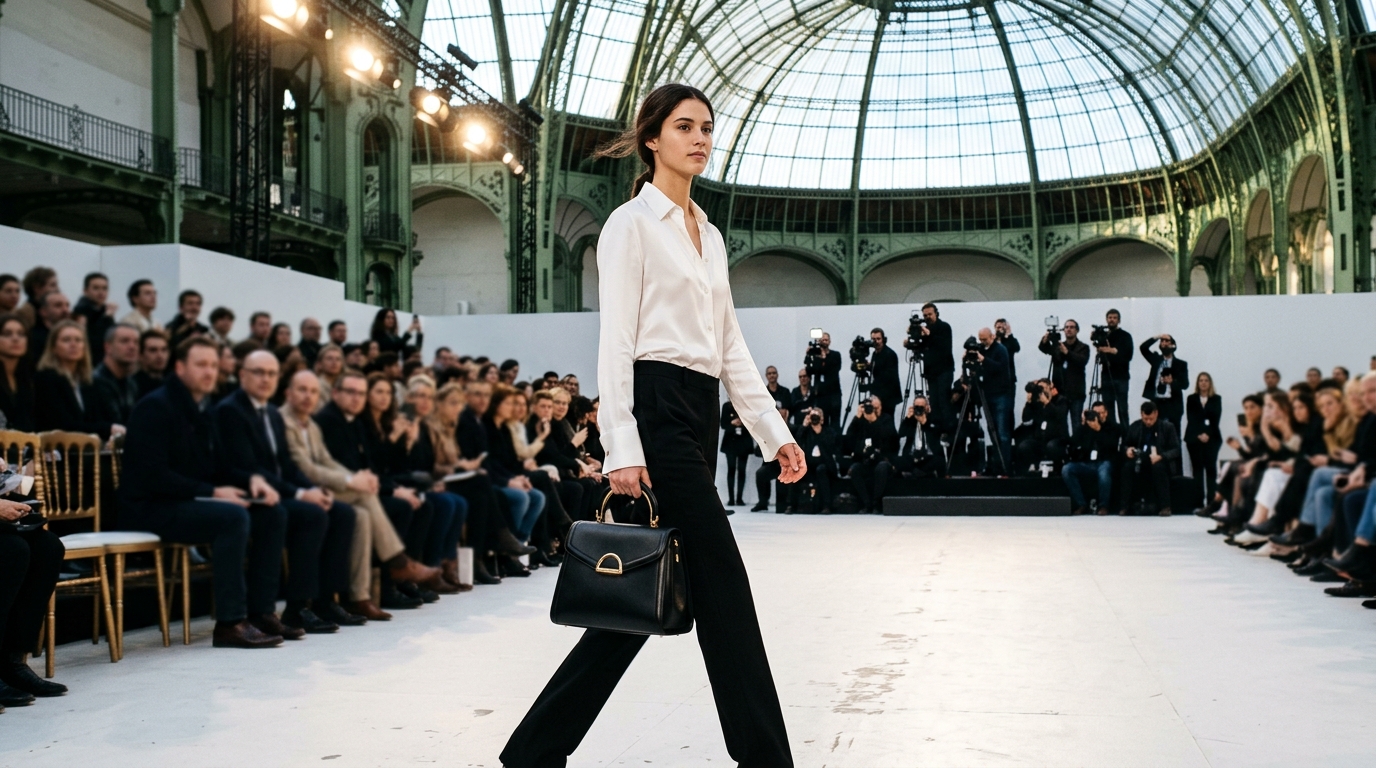 Black structured Joséphine bag with curved handle, paired with tailored black trousers and white silk shirt