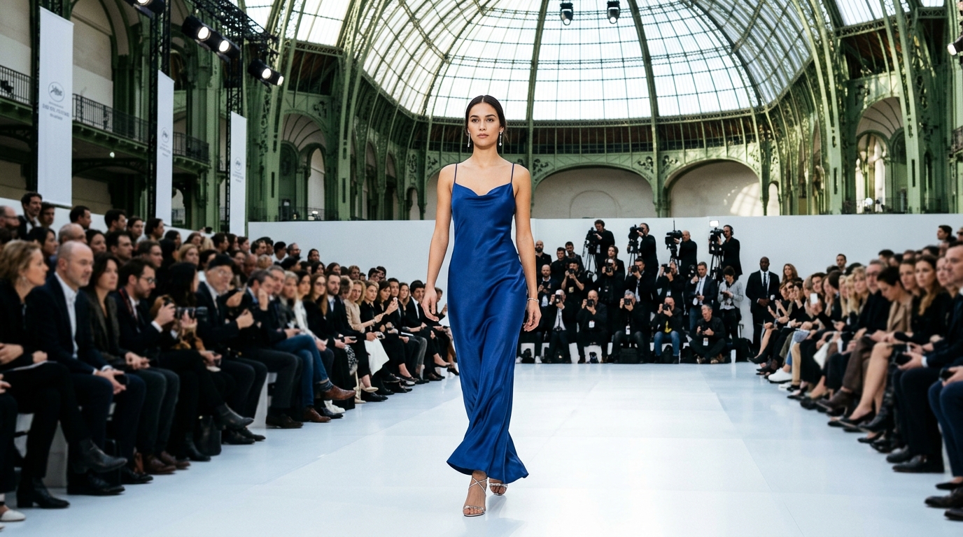 Sapphire silk charmeuse evening gown with minimalist silhouette and delicate strappy sandals