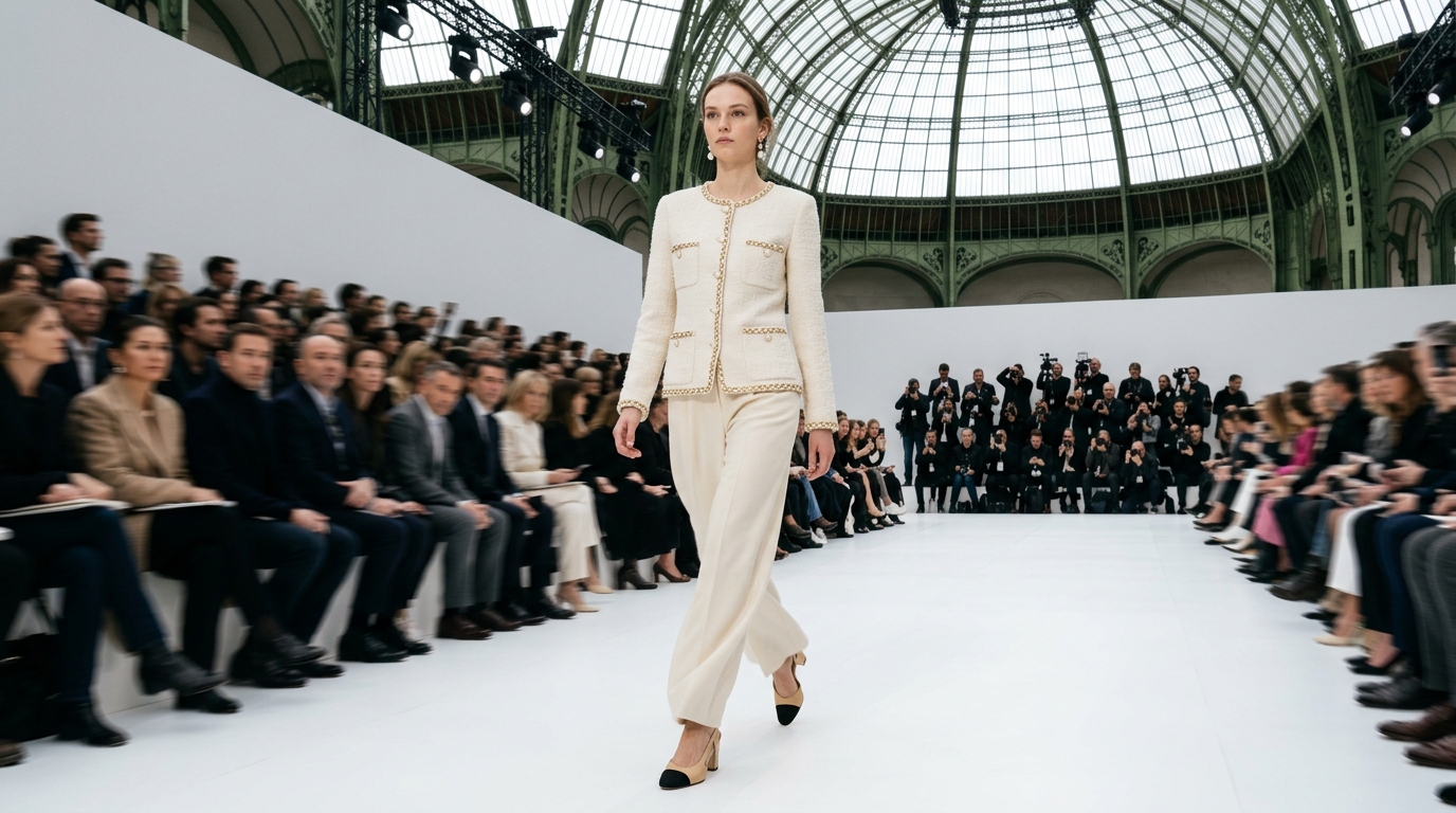 ivory bouclé tweed jacket with gold chain trim and mother-of-pearl buttons paired with high-waisted wide-leg cream wool trousers and two-tone leather slingback heels with stacked heel, model wearing pearl drop earrings and minimal makeup