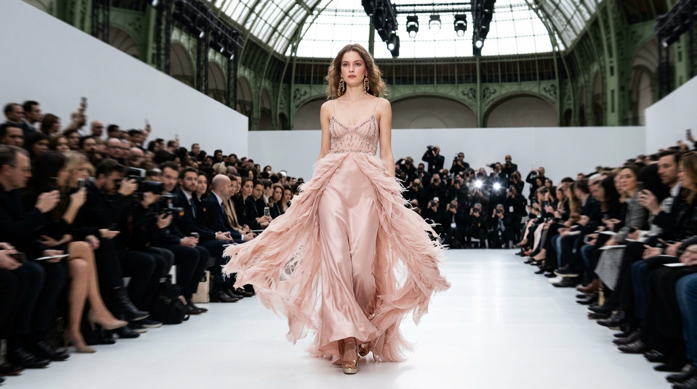 blush pink silk charmeuse slip dress with floor-length flowing skirt, layered with feathered overlay of shredded chiffon and tulle creating dramatic movement, fitted bodice with delicate beading detail, paired with metallic gold platform heels and chandelier earrings, model with soft waves and rose-toned makeup