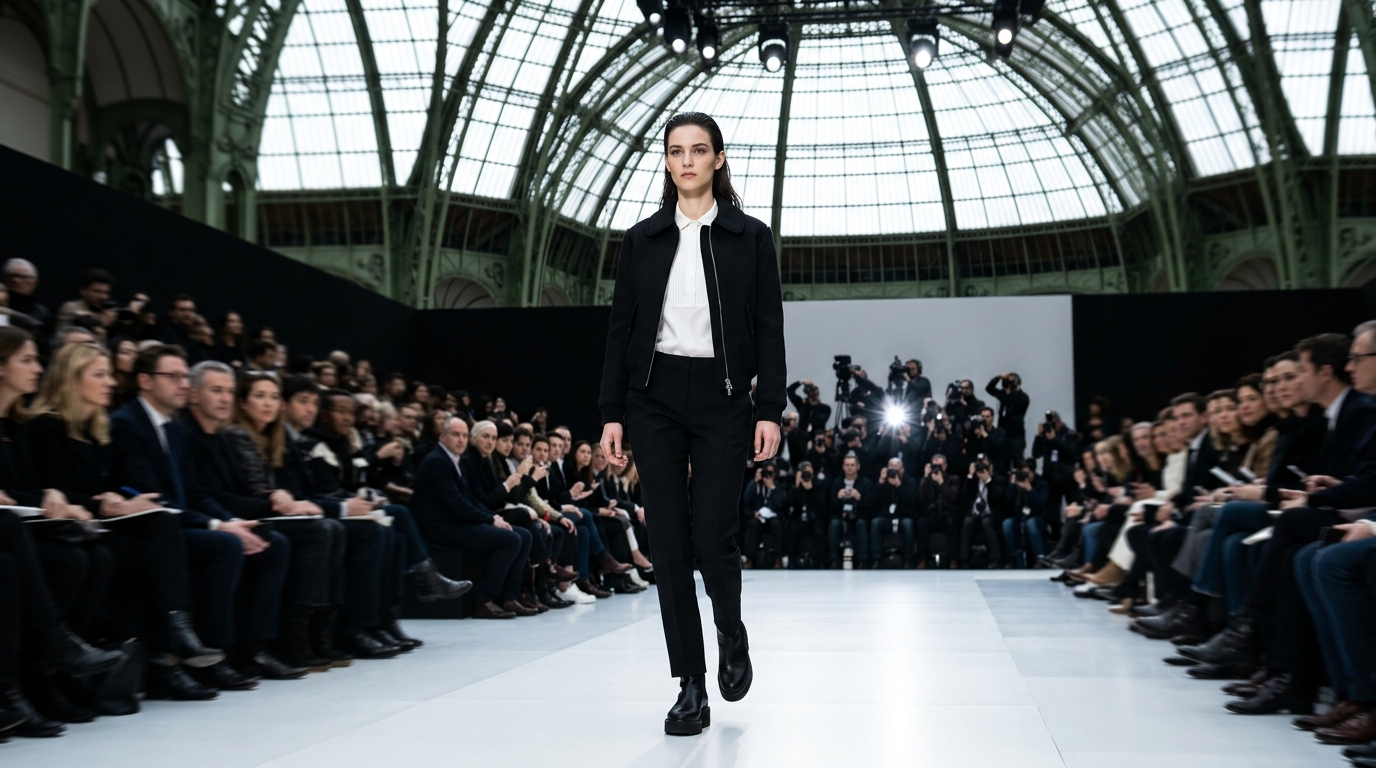 black faille aviator jacket with structured Peter Pan collar and zip front, layered over crisp white silk shirt with subtle pleating, paired with tailored black trousers and black leather platform boots, model with slicked-back hair and subtle makeup