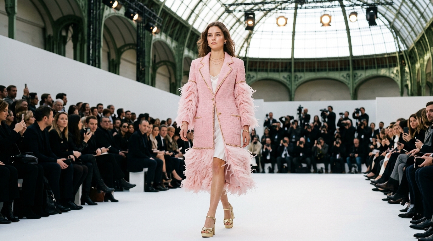 pastel pink bouclé tweed coat with feathered hem in shredded chiffon and tulle, single-breasted closure with gold chain trim, worn over white silk slip dress, paired with metallic platform heels and delicate gold jewelry, model with soft waves and dewy complexion