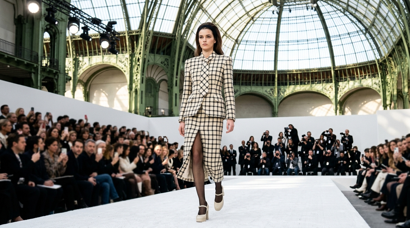 cream and black checkered wool suit jacket with structured shoulders and tone-on-tone tie-shape insert detail, paired with matching checked skirt with front split for movement, worn with sheer black tights and cream leather Mary Jane platform heels, model with headband accent