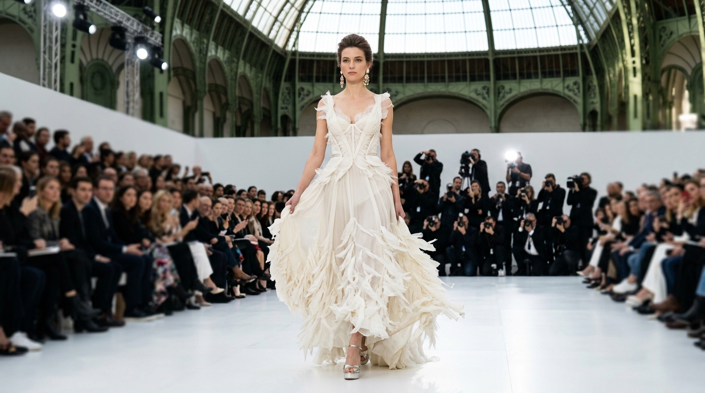 ivory silk charmeuse dress with layered chiffon skirt decorated with shredded chiffon and tulle petal feather trim throughout hem and bodice, structured bodice with hidden support, paired with metallic platform heels and statement earrings, model with elegant updo
