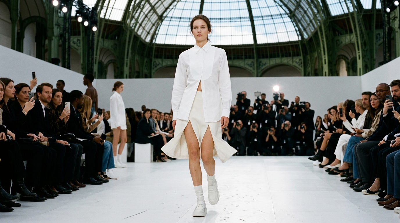 crisp white cotton poplin shirt with tone-on-tone white tie-shape insert detail at chest and shoulders, unbuttoned at waist, paired with white wool skort featuring front split for movement, worn with white ankle socks and white leather platform loafers, model with minimal styling