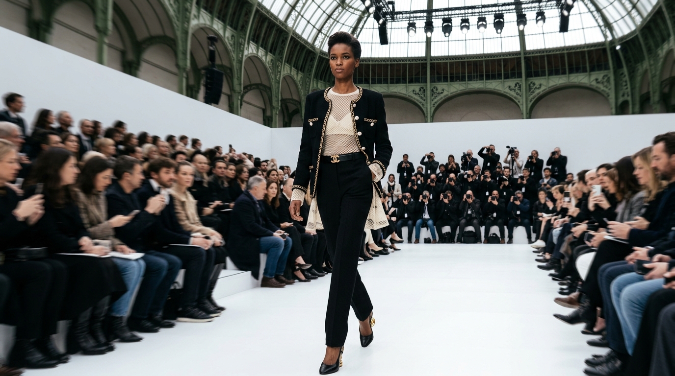 sheer cream mesh long-sleeve blouse revealing a-line silhouette layered under fitted black blazer with gold chain trim and mother-of-pearl buttons, paired with tailored black straight-leg trousers, black leather belt with CC buckle, and black slingback heels with gold heel