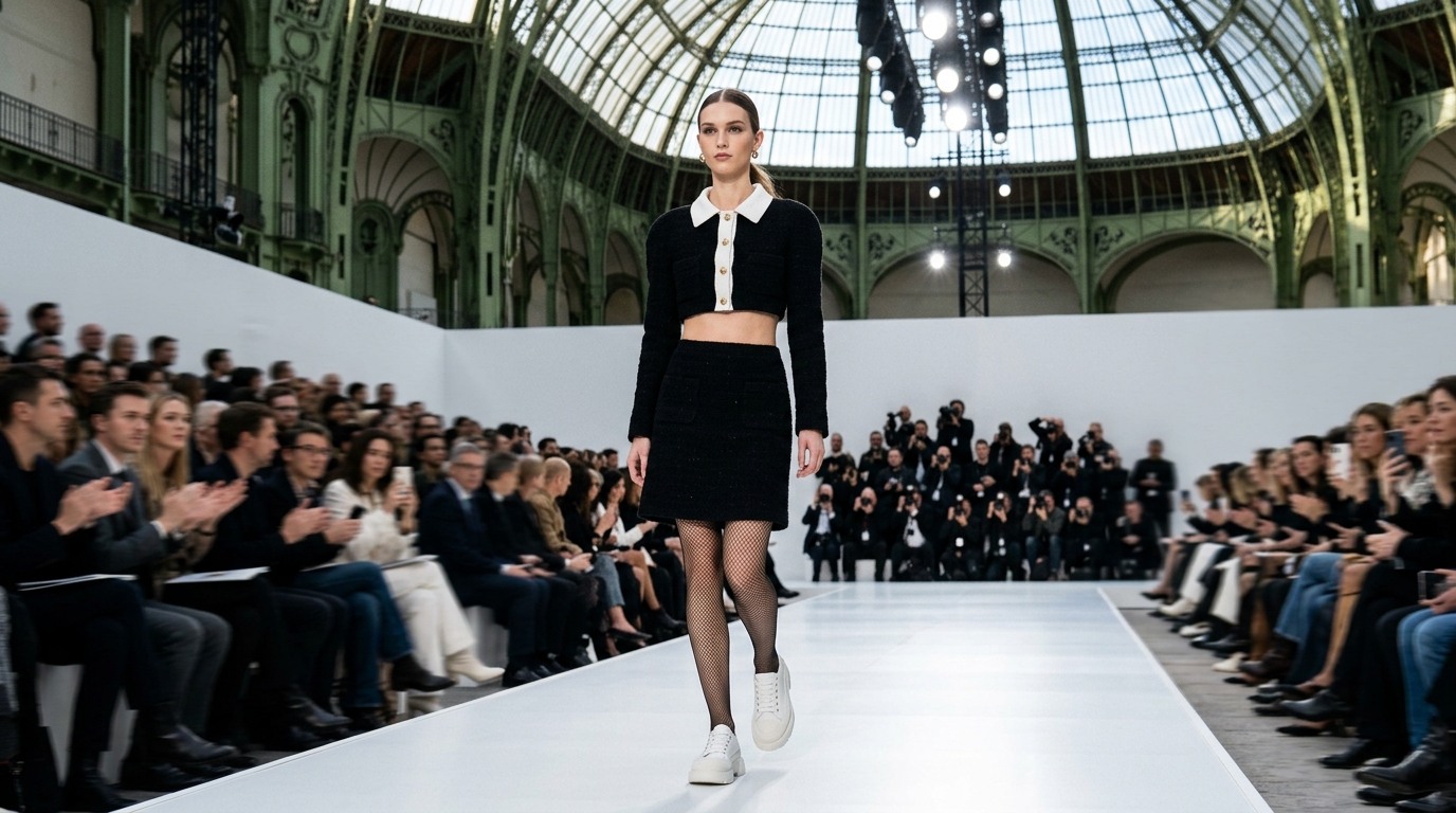 black bouclé tweed cropped jacket with rounded shoulders and white collar detail, paired with high-waisted black tweed skirt with slight A-line, creating a bare midriff silhouette, worn with black mesh tights and white leather platform sneakers with rubber toe, model with sleek ponytail