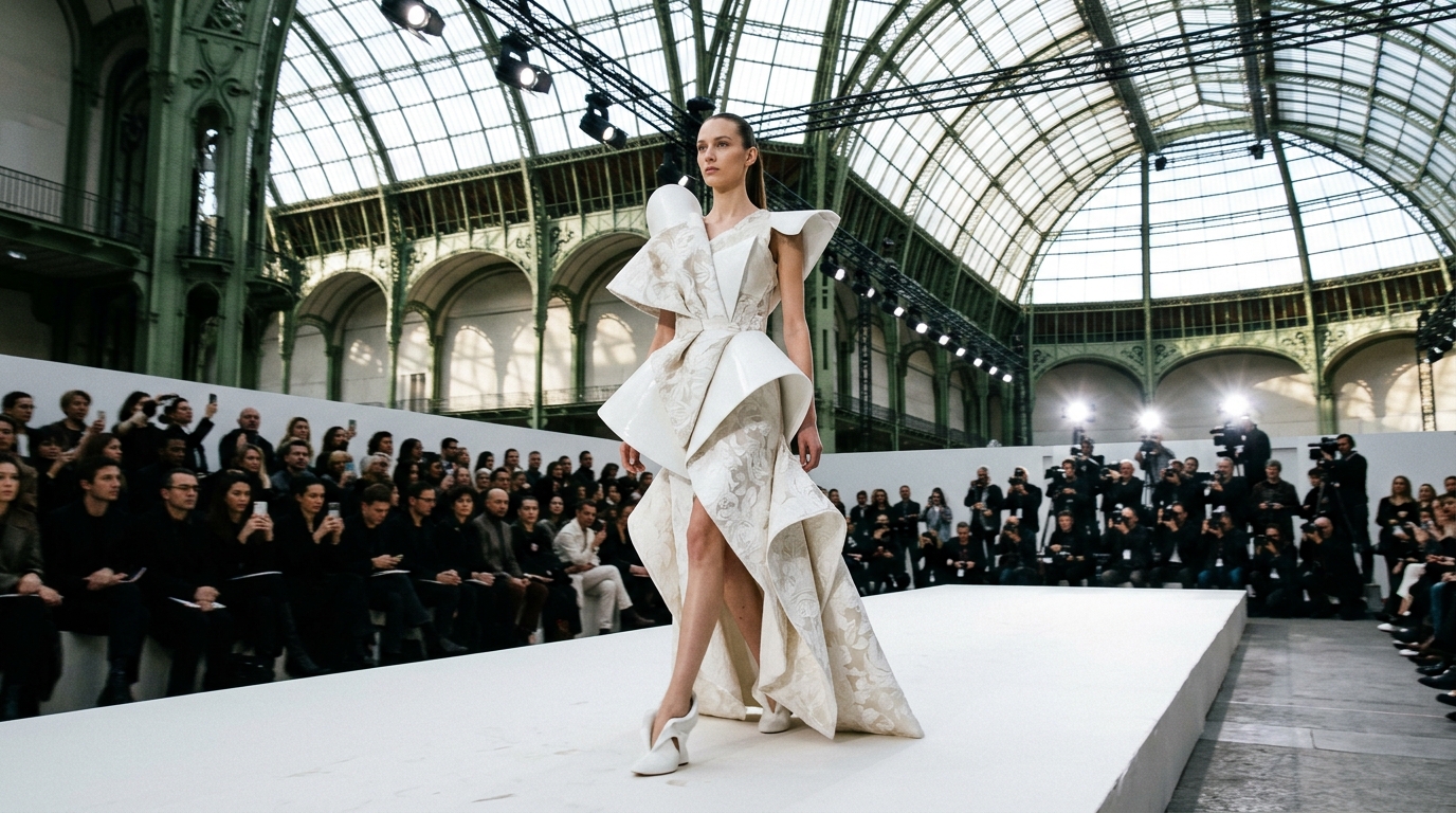 white architectural sculptural dress with rigid fiberglass-like cone structure and fancy floral jacquard