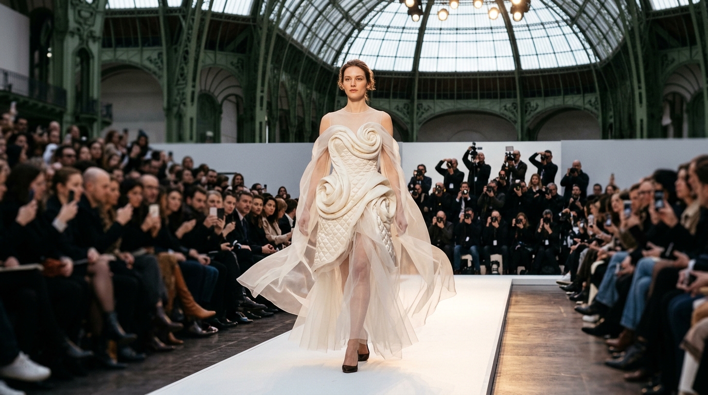 finale dress featuring quilted silk with soft-serve swirl structure and transparent overlays