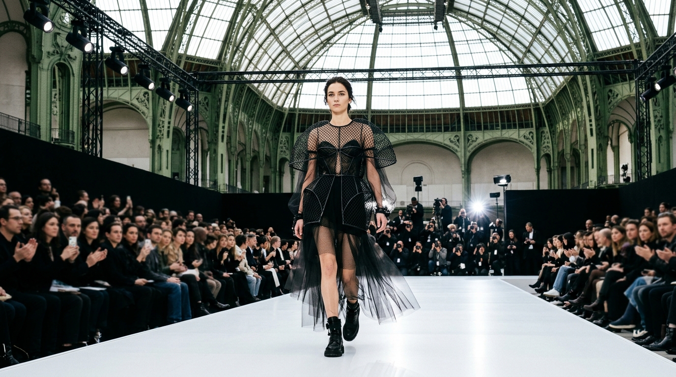 black dress with oversized metal mesh cage structure and transparent tulle overlays