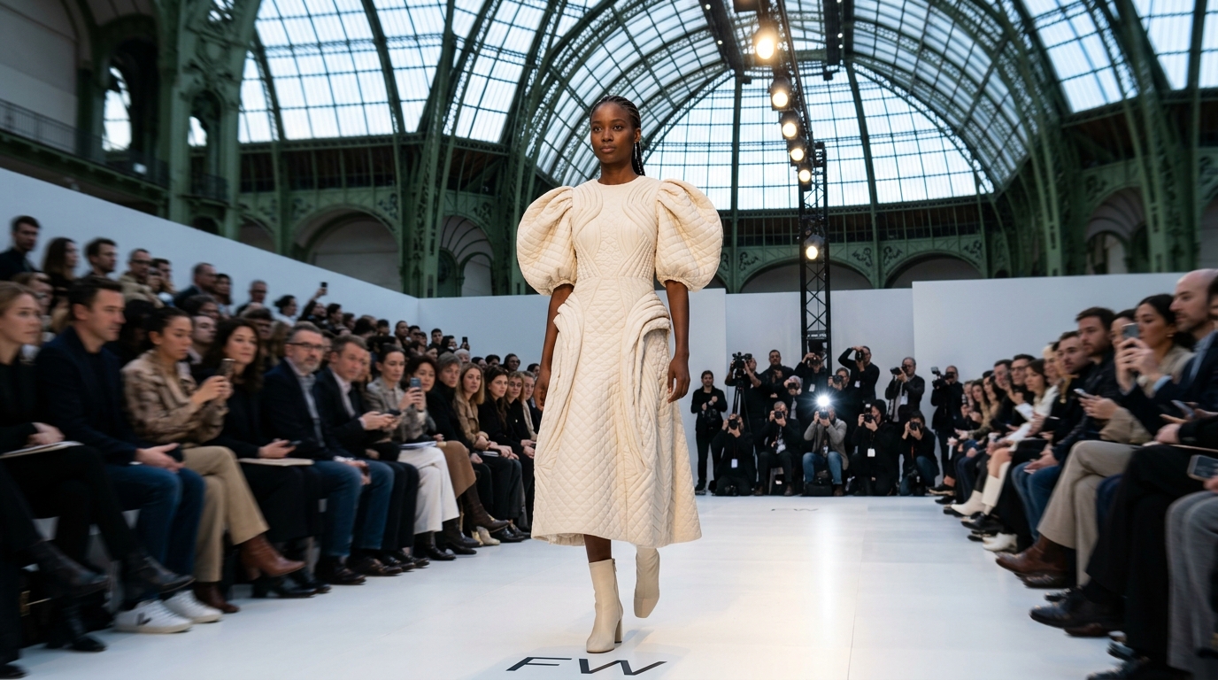 quilted silk dress with Doric ridge architectural details and oversized sleeves in cream tone