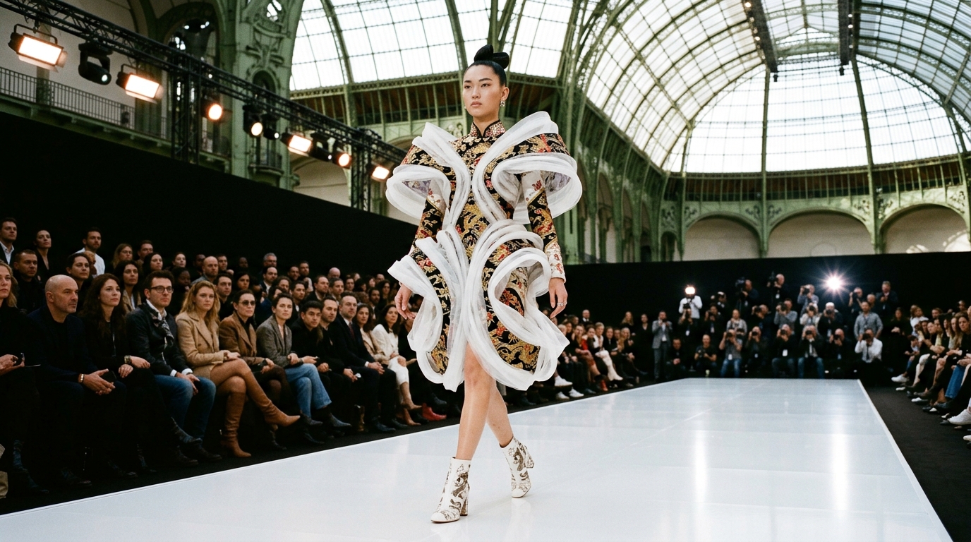 white stiffened tulle swirl encasing structured dress with Asian-inspired textile patterns