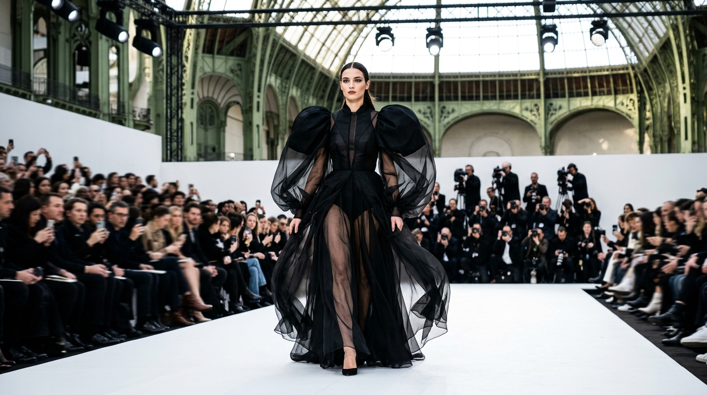 dramatic black oversized sleeve gown with transparent gauze layers revealing inner structure