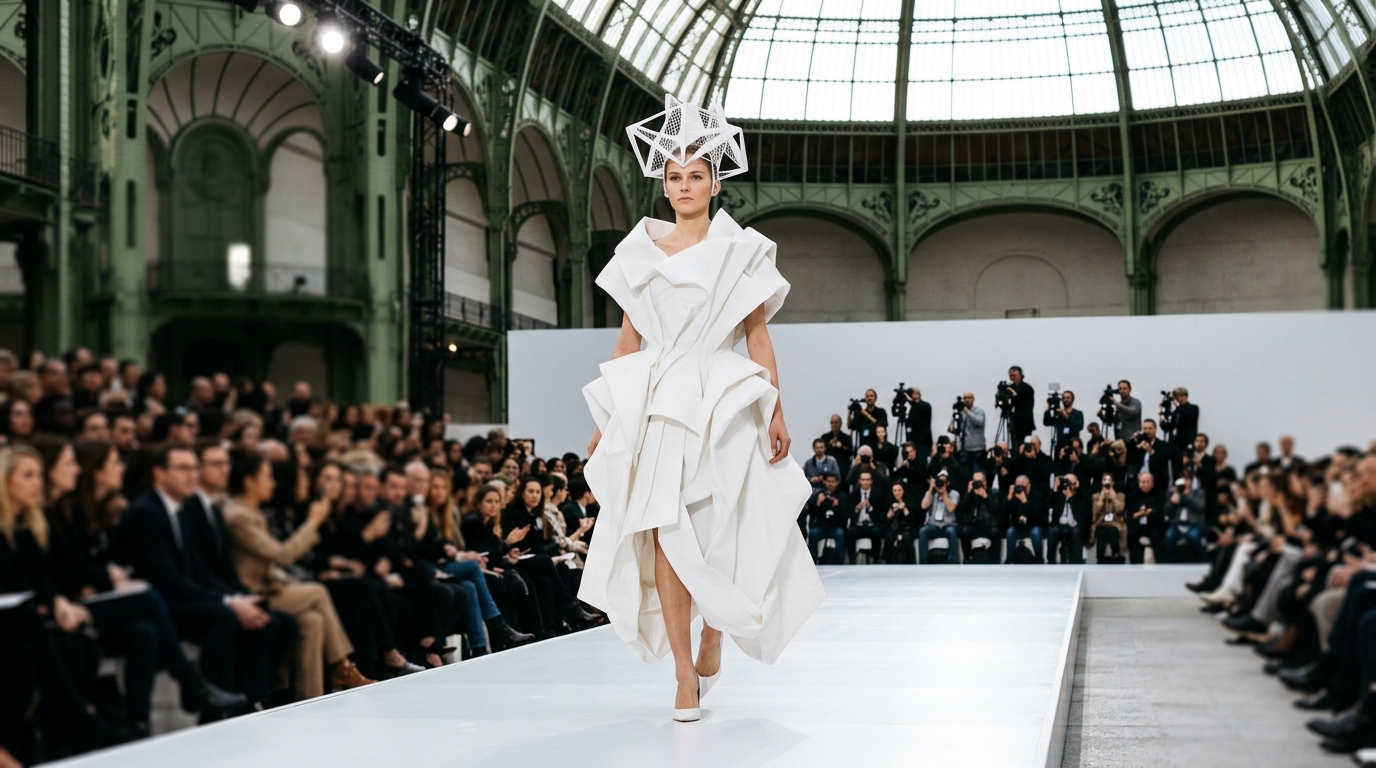 sculptural white dress with puffy architectural gown and geometrical futuristic headpiece
