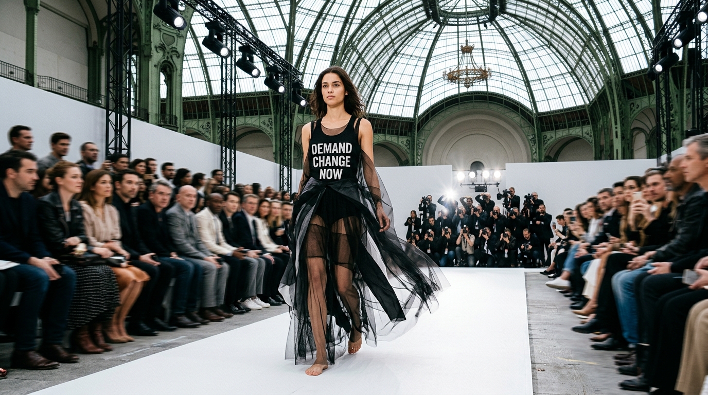 black dress with protest slogan and layered transparent fabric construction