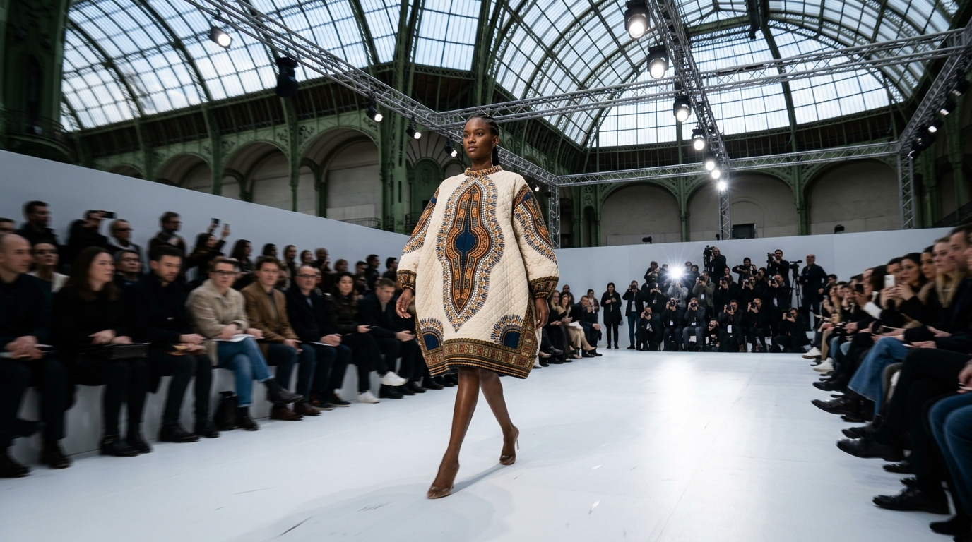 cream-colored quilted jacquard dress with African textile pattern and oversized silhouette
