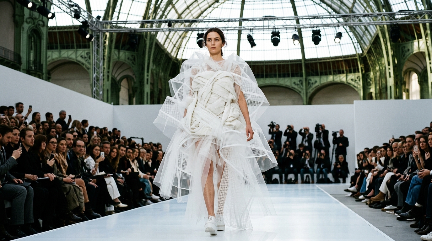 white fabric bundle encased in layered tulle and mesh structure with architectural lines