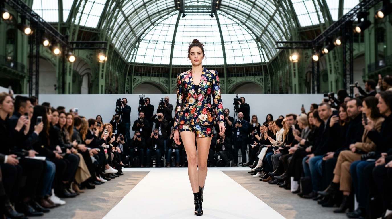 Floral satin blazer with structured shoulders paired with high-cut tailored shorts in coordinating fabric