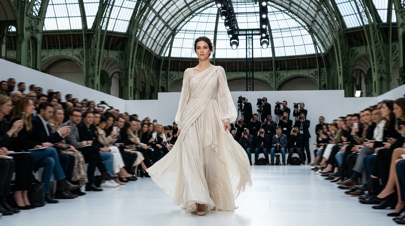 Flowing silk gown with ethereal draping, subtle shimmer detailing, and princess-inspired silhouette with modern minimalism