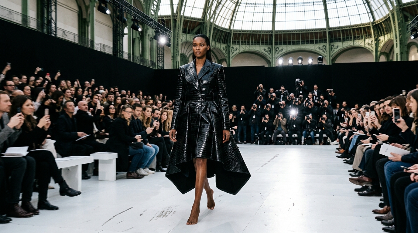 Black glossy croc-effect structured coat with dramatic asymmetrical hemline skirt in matching texture