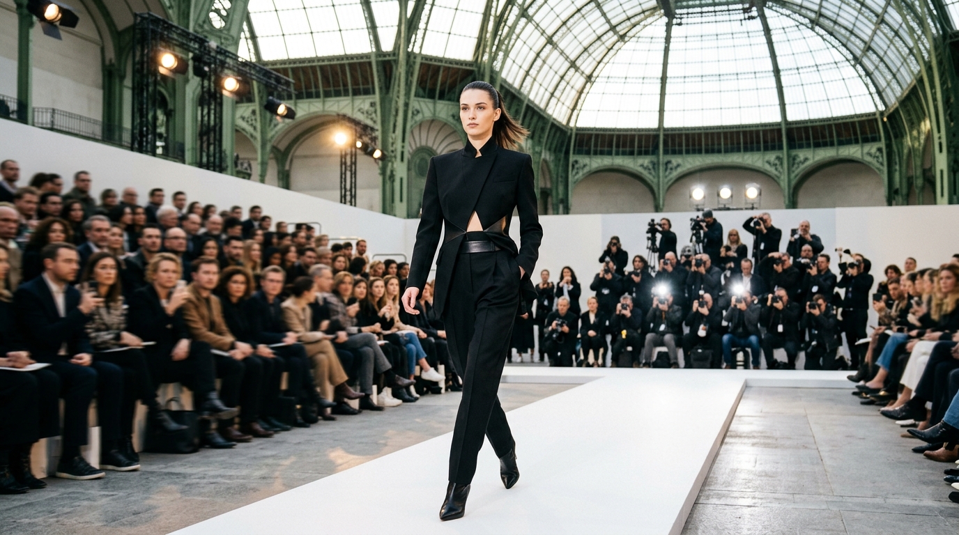 Black tailored ensemble with sharp geometric lines, asymmetrical bodice construction, and high-waisted structured pants