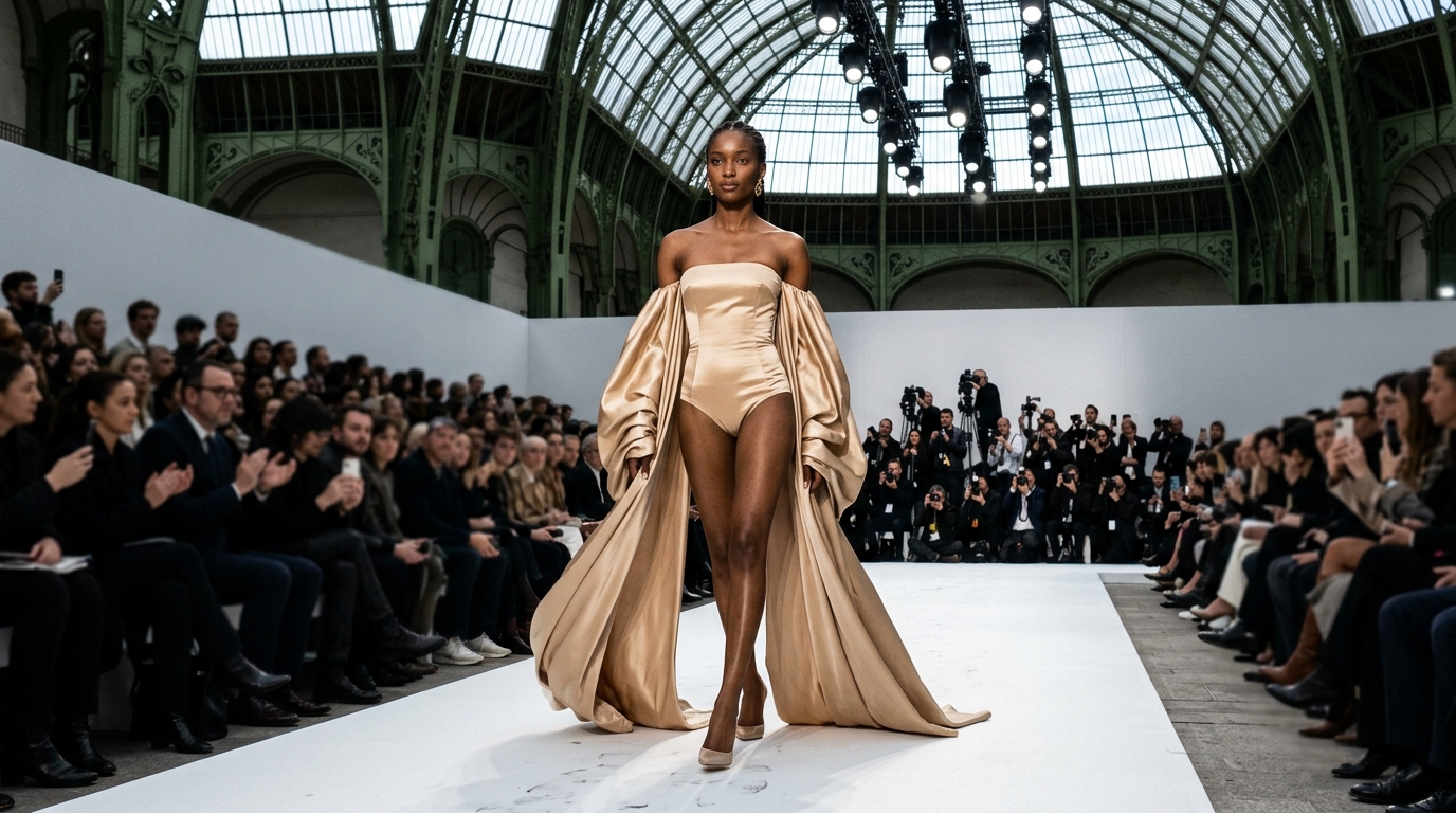 Fitted strapless bodystuit in champagne with voluminous draped satin sleeves extending to floor length