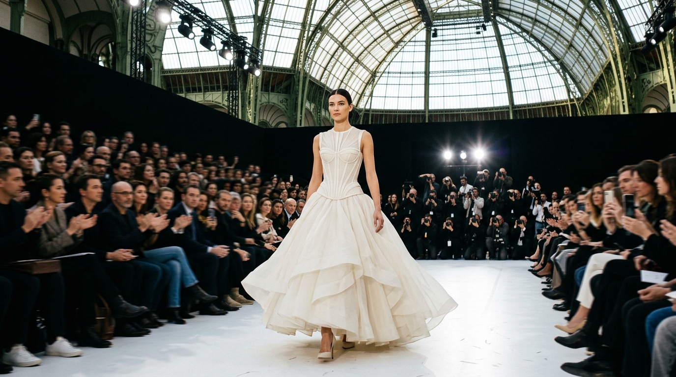 Structured corset bodice in ivory with sweeping silk organza ball gown skirt featuring layered tiers
