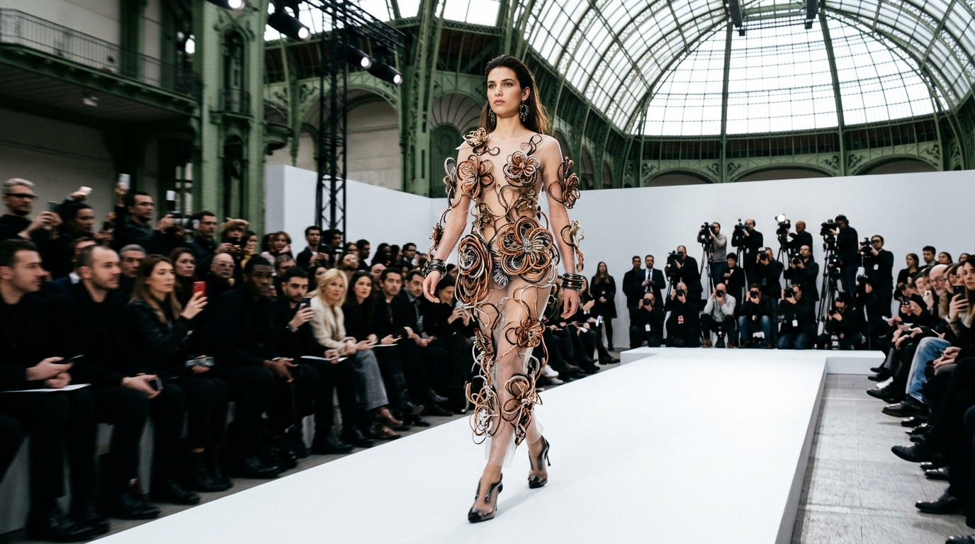 Sheer silicone bodysuit adorned with sculptural flowers crafted from coiled electrical cables in metallic tones