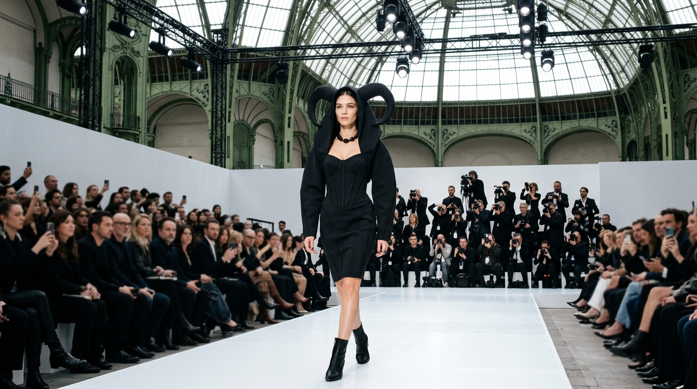 Black structured bustier dress with architectural seaming paired with sculptural horned hoodie in matte fabric