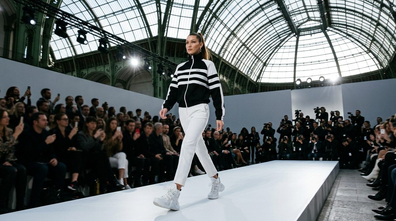 Black and white color-blocked track jacket with the house's signature seven-stripe motif running down the sleeves, paired with high-waisted tailored trousers featuring a bold side stripe in white, white leather lace-up sneaker-boots, minimalist aesthetic