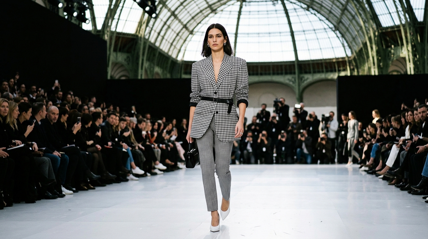 Impeccably tailored monochromatic checkerboard patterned oversized boyfriend blazer with sharp structured shoulders, paired with high-waisted narrowly cut trousers in complementary black-and-white pattern, black leather belt, white pointed-toe pumps
