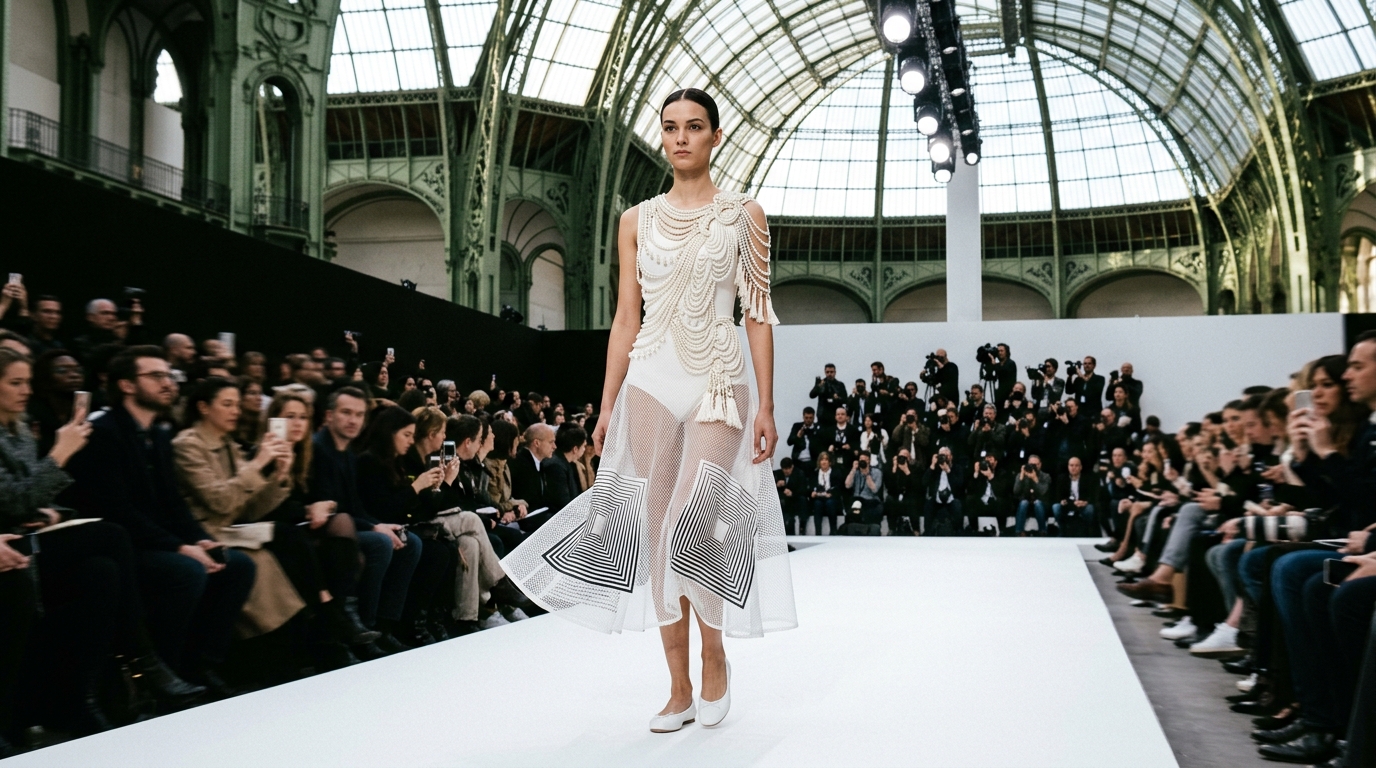 Pristine white sleeveless leotard with cascading pearl and tassel embroidery unfurling across the right shoulder and torso, layered under a sheer mesh overlay skirt featuring geometric Op Art-inspired patterns, white ballet flats