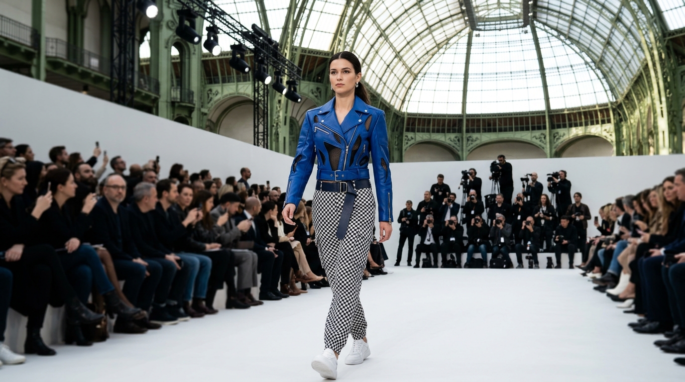 Electric blue structured biker jacket with asymmetric cut-out details revealing the understructure, paired with high-waisted cargo pants in checkerboard black-and-white pattern, navy blue leather belt with architectural hardware, white sneakers