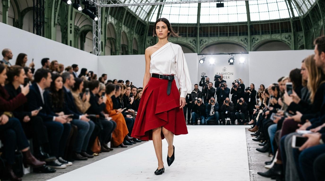 Clean white silk one-shoulder shirt with sharp tailoring and exposed seam construction, paired with a crisp crimson red asymmetric A-line skirt featuring architectural pleats, black leather belt with minimalist buckle, black leather pointed-toe flats