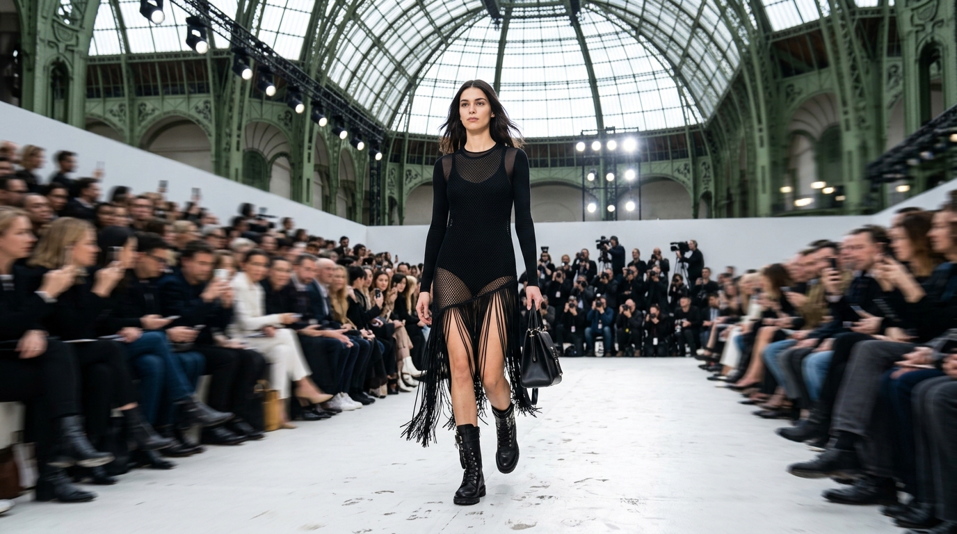 Black technical mesh mini dress with cascading fringe detailing along the asymmetric hemline, layered over a fitted black long-sleeve bodysuit, black leather combat-style boots with lace-up detailing, structured black handbag
