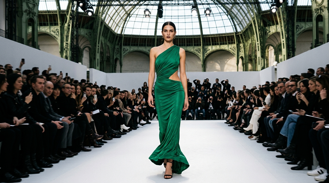 Luxurious emerald green slinky jersey evening gown with dramatic one-shoulder asymmetric neckline, strategic cut-out at the hip revealing skin, floor-length with subtle train, black strappy heels, minimal jewelry