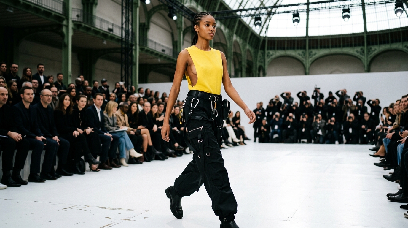 Vibrant citrine yellow sleeveless shell top with dramatically cut-out armholes emphasizing the Amazone silhouette, paired with oversized black technical cargo pants featuring multiple buckles and functional hardware, black leather belt with climbing-inspired hardware