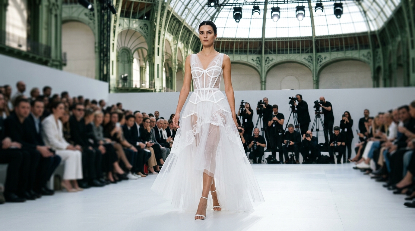 Dramatic white tulle and lace overlay dress featuring exposed inner construction and visible cage-like corset boning, layering transparency with opacity throughout the silhouette, floor-length with subtle asymmetric hem, white heels