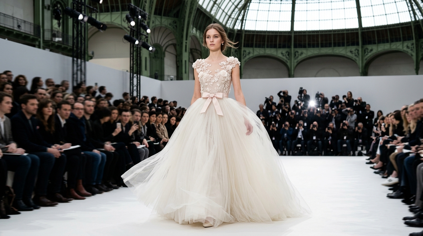 voluminous ivory tulle ball gown with cascading layers and hand-appliqu silk roses at the neckline, pale pink ribbon bow accent at the waist, floor-length romantic silhouette