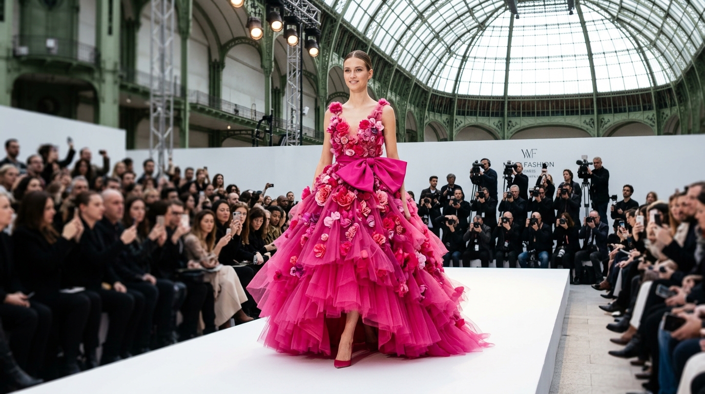 vibrant fuchsia voluminous ball gown with cascading layers of tulle, hand-appliqu silk flowers in varying shades, architectural bow detail at the waist, boldly feminine and modern