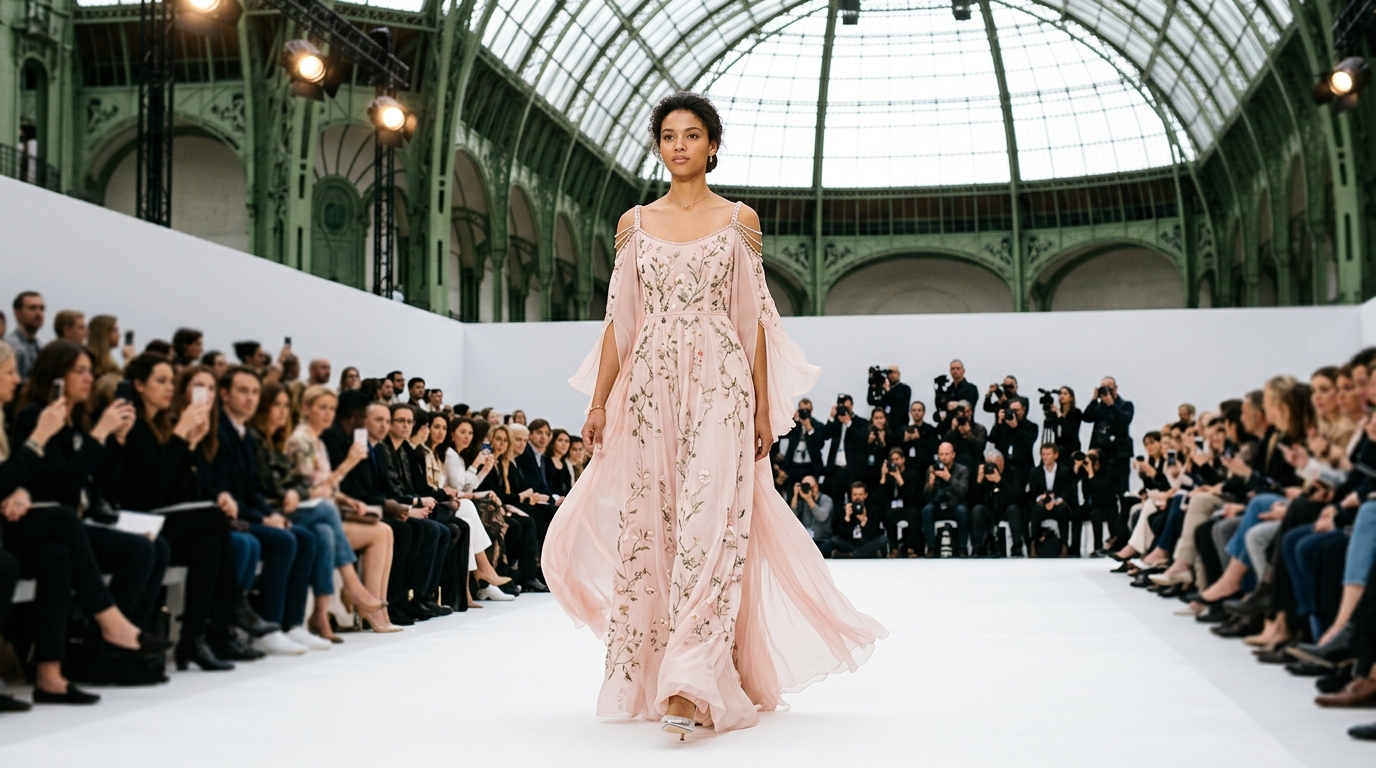 pale pink flowing chiffon column gown with intricate botanical embroidery throughout, delicate crystal beadwork along the shoulders, soft draping sleeves, ethereal and romantic