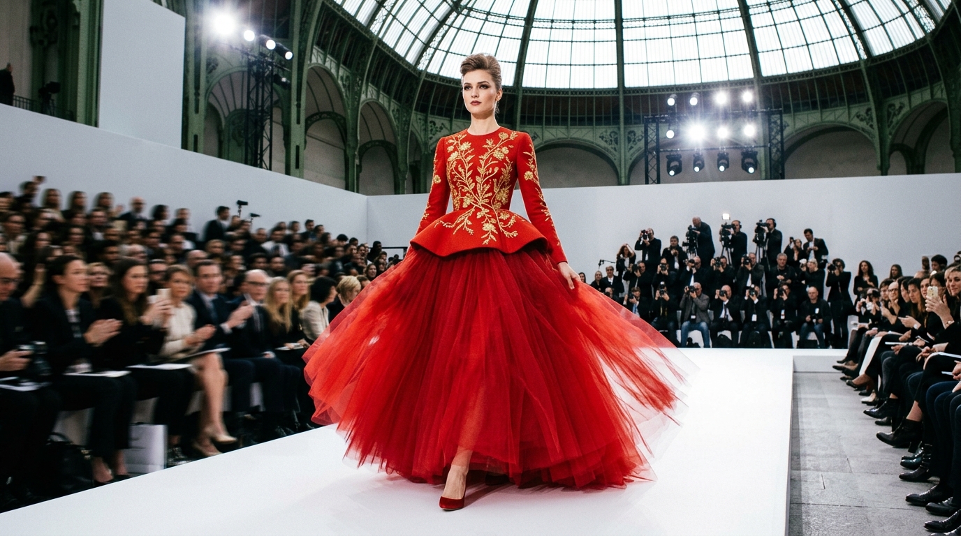 vibrant red voluminous ball gown with hand-embroidered golden floral patterns across the bodice, structured architectural peplum at the waist, dramatic skirt with layers of crimson tulle