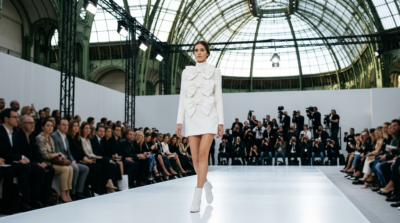 white mini dress with three oversized sculptural silk bows across the chest, high neckline, playful yet fashion-forward silhouette, pure minimalism meets drama