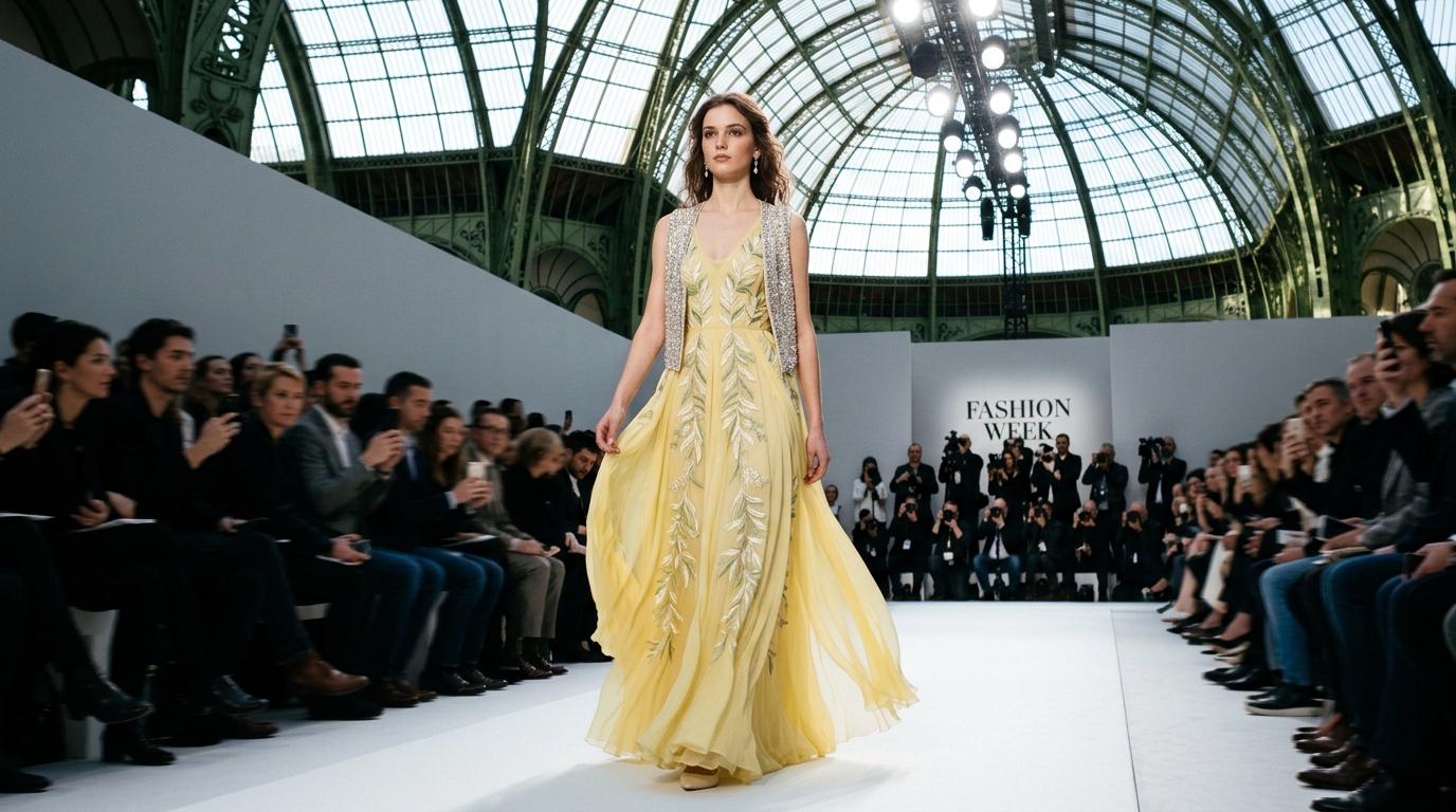 soft yellow flowing gown with vertical botanical leaf embroidery in pale green and ivory, crystal-embellished gilet overtop, delicate cascading chiffon layers, spring garden inspired