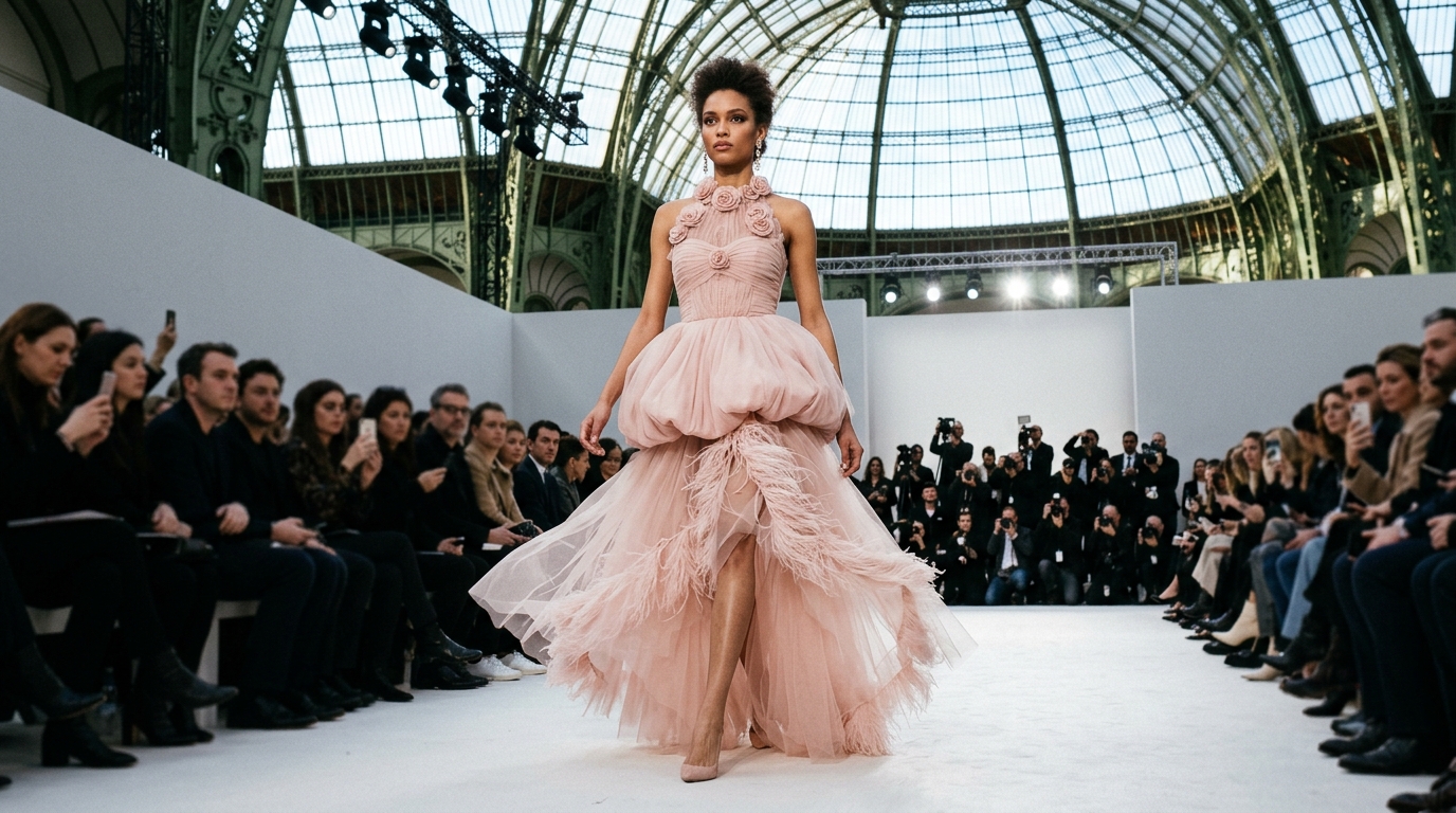 pale pink tulle evening gown with feather details emerging from beneath the structured bubble skirt peplum, hand-appliqu silk roses at the neckline, high-fashion romantic drama